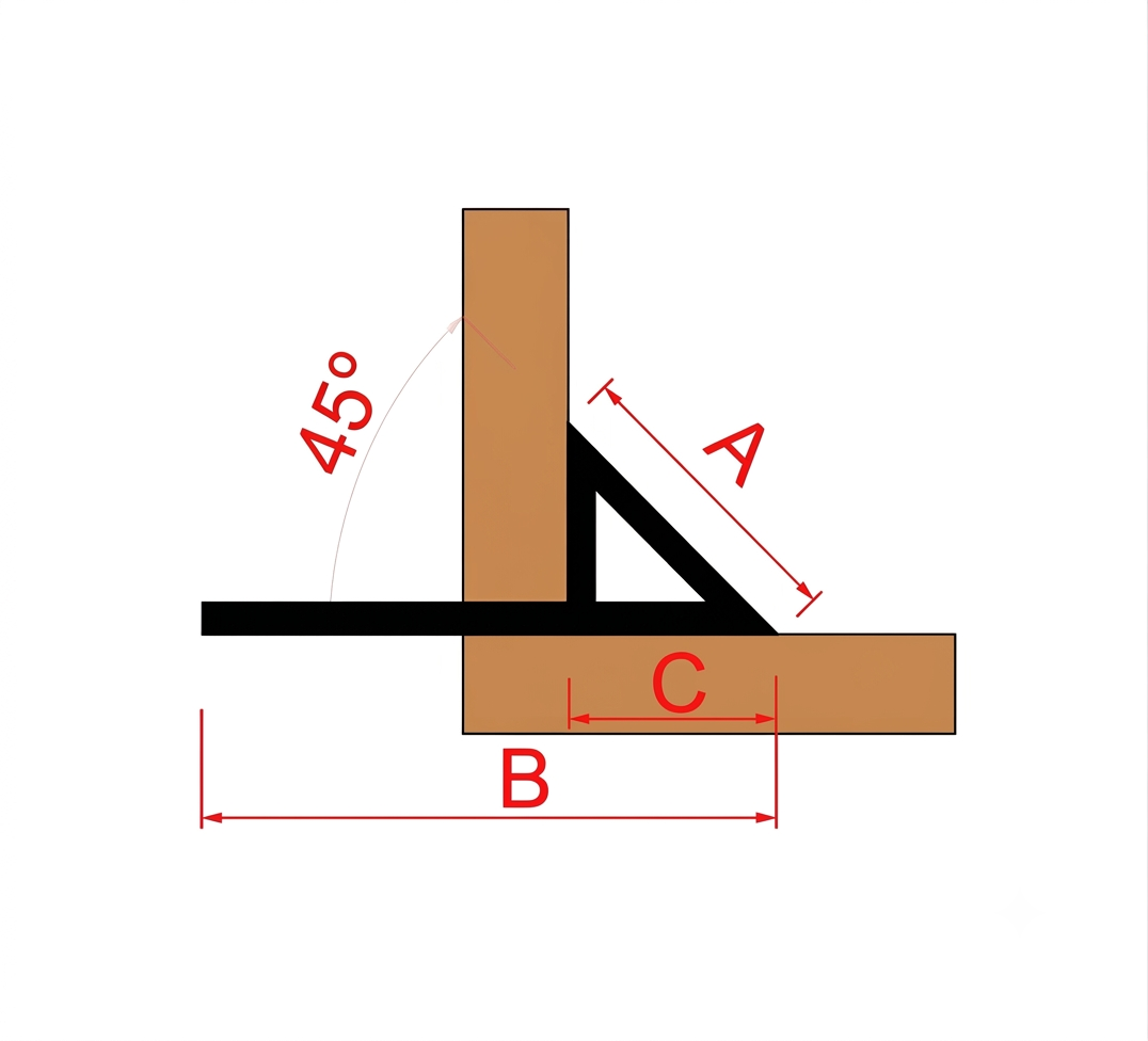 Diagrama de medidas da Cantoneira CTA: A (diagonal chanfrada), B (altura) e C (base)